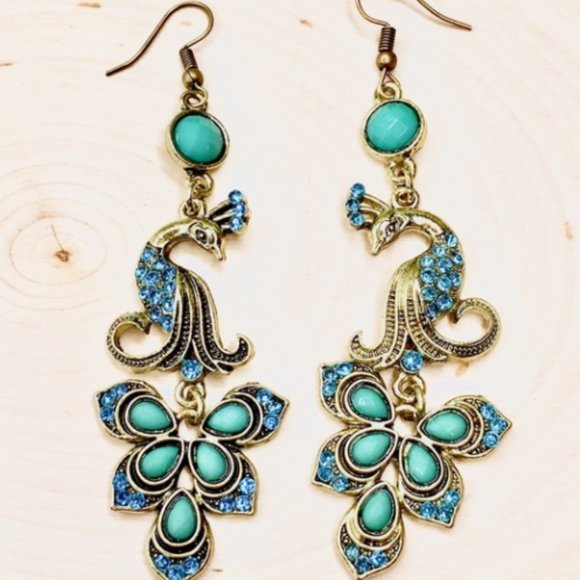 Peacock Earrings Blue And Bronze - Picture 3 of 3